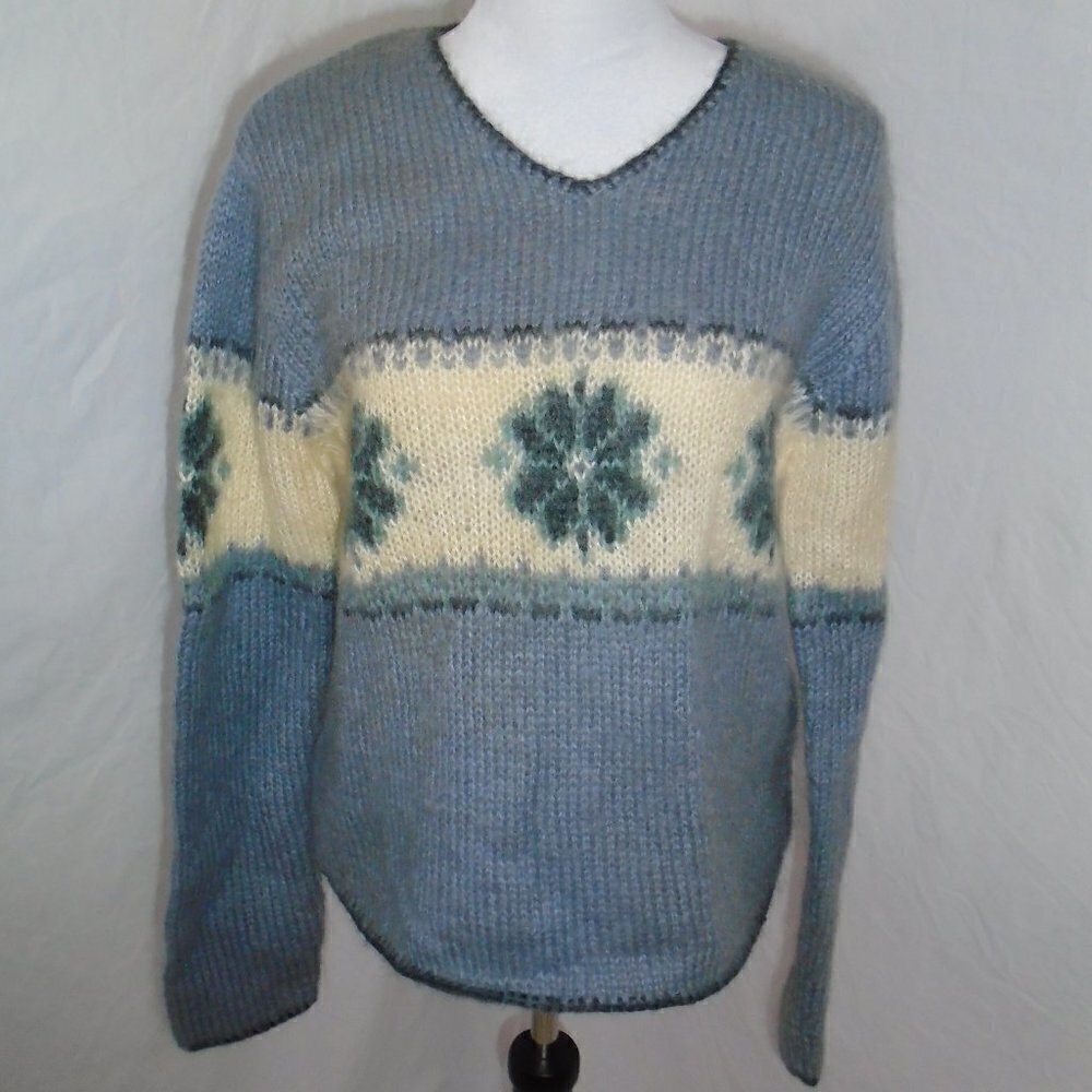 J. Jill Womens Small Oversized Mohair Wool Sweater Chunky Knit Blue Cream Floral